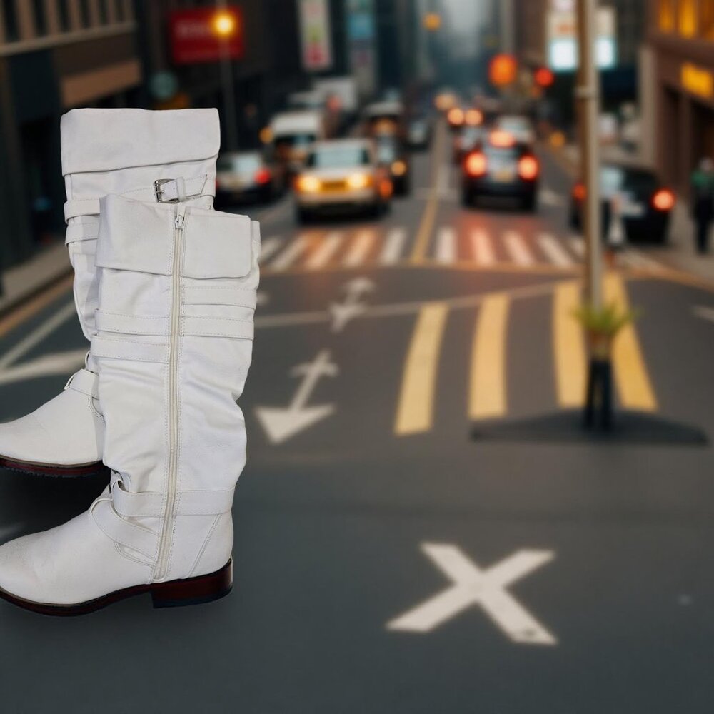 Size 8 White Leather knee high boots w silver buckles~ A++++condition